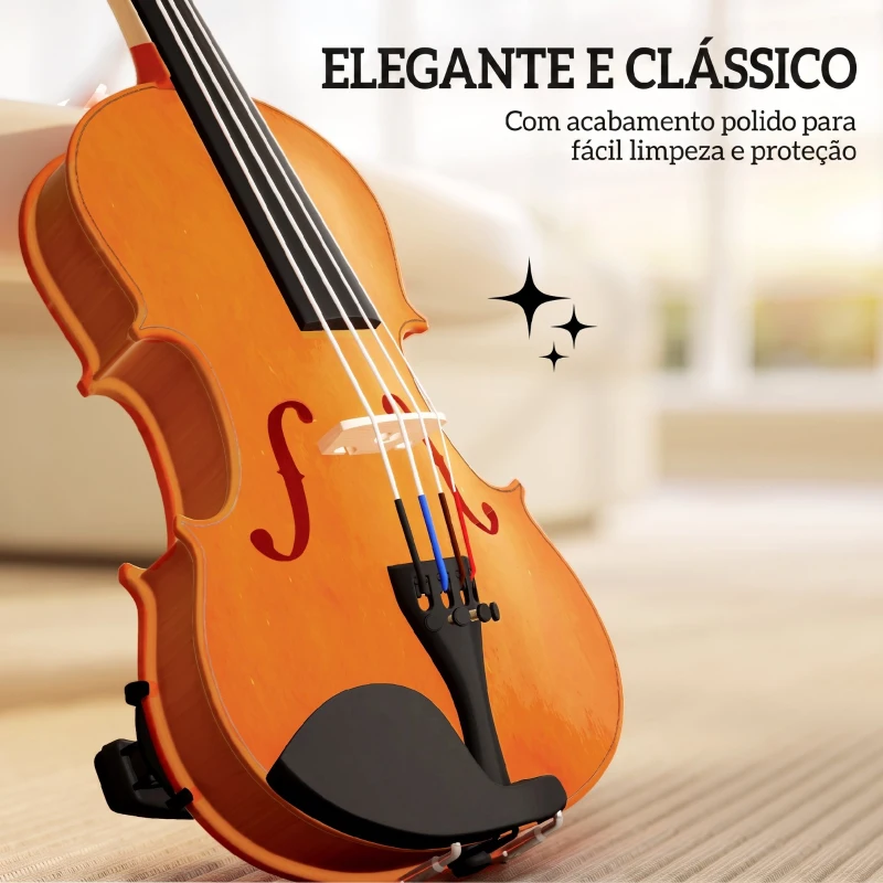 HOMCOM Violino 4/4 em Madeira com Estojo, Arco, Breu, Microafinadores, Cordas e Apoio de Ombro, Castanho