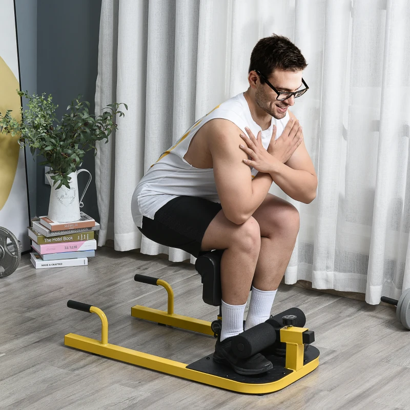 HOMCOM Sissy Squat Kniebeugentrainer Beintrainer Bauch-Gesäß-Trainer 3 in 1 Trainer verstellbar bis 120 kg Stahl Gelb+Schwarz 50 x 97 x (44,5–56,5) cm