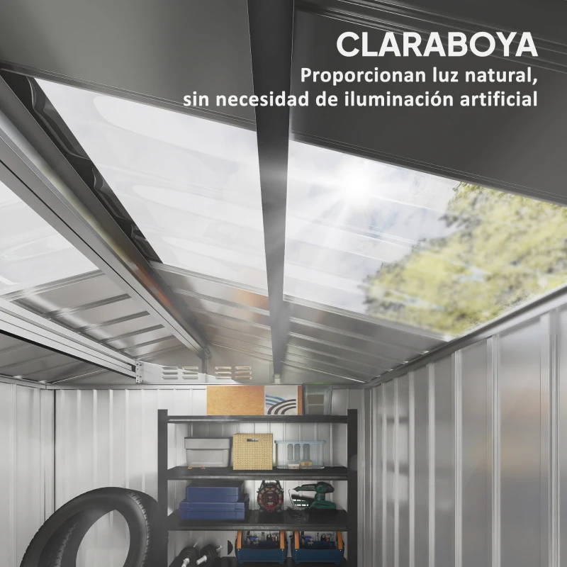 Outsunny Caseta de Jardín 213x130x185 cm con Puertas Correderas y Claraboya para Almacenamiento de Herramientas Gris Plata