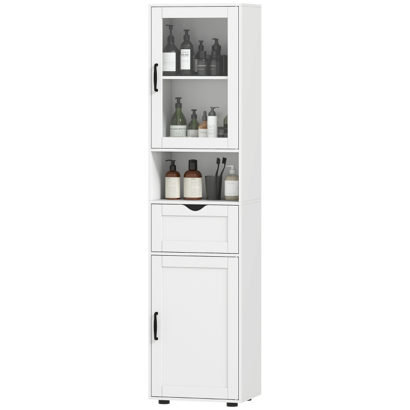 HOMCOM Columna de Baño Estrecha con Puerta de Vidrio Estantes Ajustables Cajón Estante Abierto 40x30x165 cm Blanco
