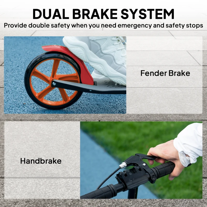 HOMCOM One-click Folding Kick Scooter for 14+ w/ Adjustable Handlebar, Push Scooter with Kickstand, Dual Brake System, Red