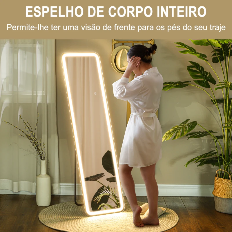 HOMCOM Espelho de Pé com Luz LED com Iluminação de 3 Cores Função de Memória e Controlo Tátil Inteligente 40x3x150 cm Preto