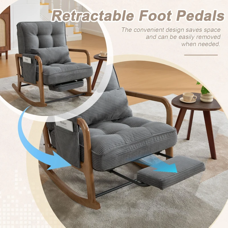 Cozy Rocking Chair with Adjustable Footrest and Side Pocket, Soft Corduroy Glider Armchair for Nursery, 92L x 80W x 70H cm, Gray