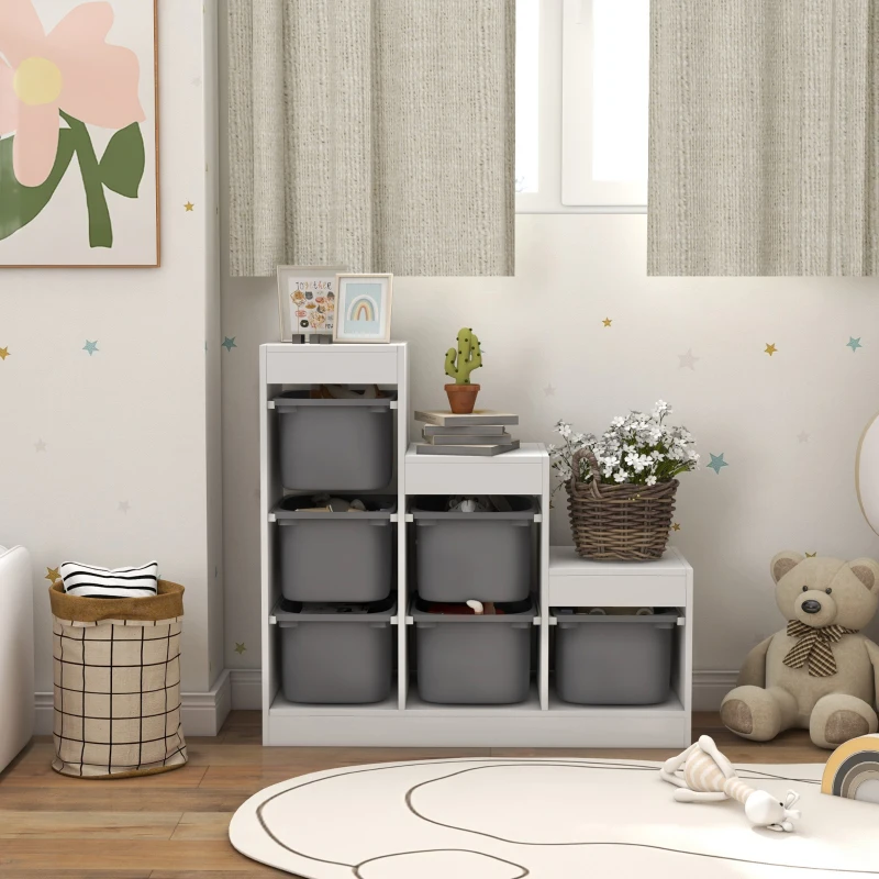 AIYAPLAY Scaffale Portagiochi a 3 Livelli con 6 Contenitori per Bambini da 3-8 Anni, 96x38.5x90cm, Grigio