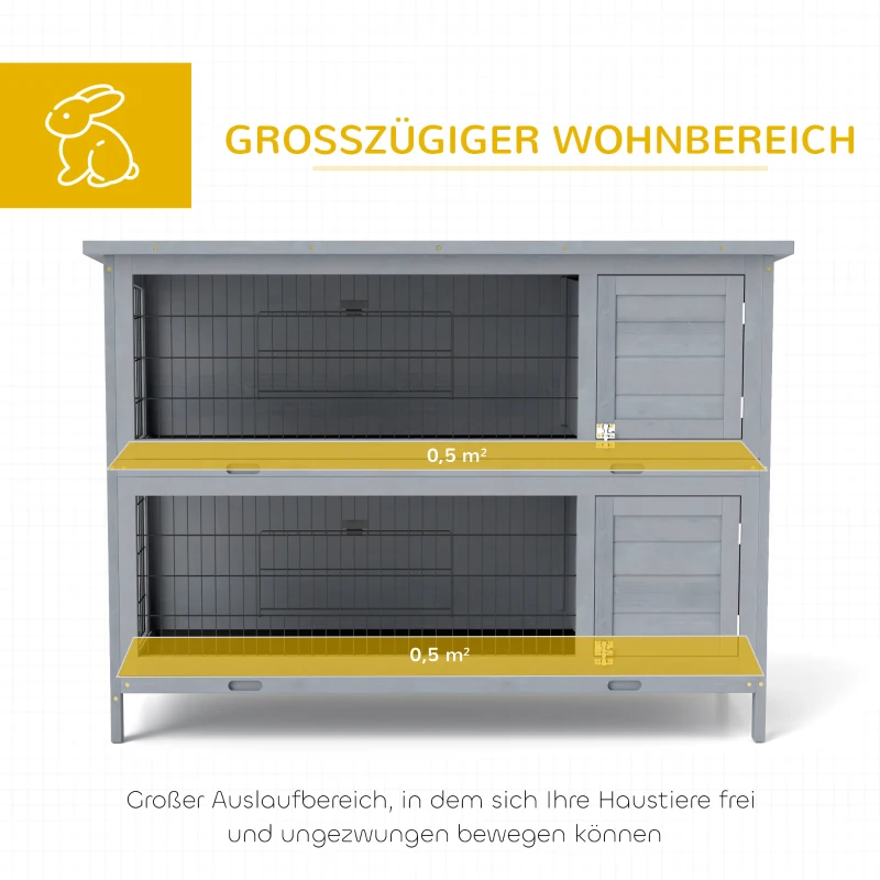 PawHut Hasenstall Kaninchenstall aus Holz mit 2 Etagen Asphaltdach Bodenwanne Türen für Kleintiere 136,4 x 50 x 93 cm Grau
