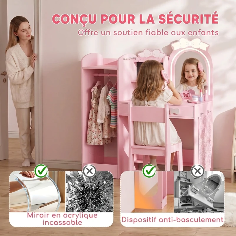AIYAPLAY Coiffeuse pour Enfants avec Tabouret et Miroir Lumineux à 2 Couleurs en Acrylique, Coiffeuse Bureau Fille 3-8 Ans, Rose