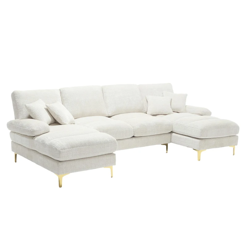 Modern U-Shaped Sectional Sofa with Double Chaise Lounge, Soft Chenille Modular Couch for Living Room, 272L x 136W x 88H cm, Beige