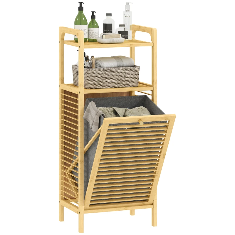 HOMCOM Dulap Baie cu Lamele, Coș de Rufe și Dulap, din Bambus și Poliester, 40x30x95 cm, Gri și Lemn Natural