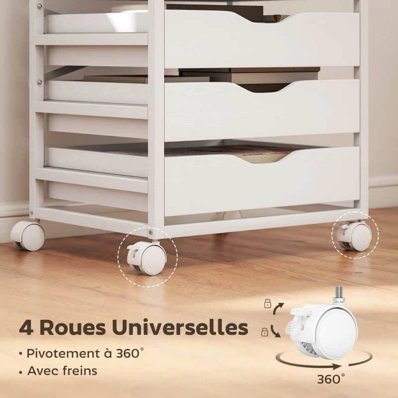 HOMCOM Caisson bureau mobile, meuble rangement sur roulettes bois avec 5 tiroirs, poignées encochées, 50 x 40 x 74,5 cm , blanc