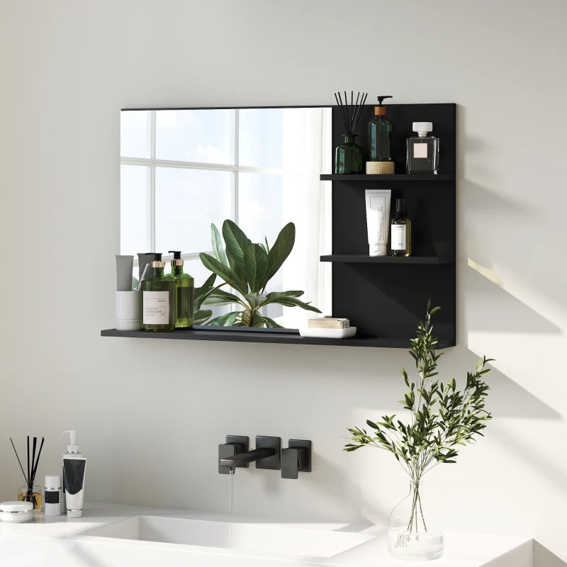kleankin Specchio Bagno Moderno con 2 Ripiani Laterali e Ripiano Inferiore, in Legno e Vetro, 75x10x48 cm, Nero