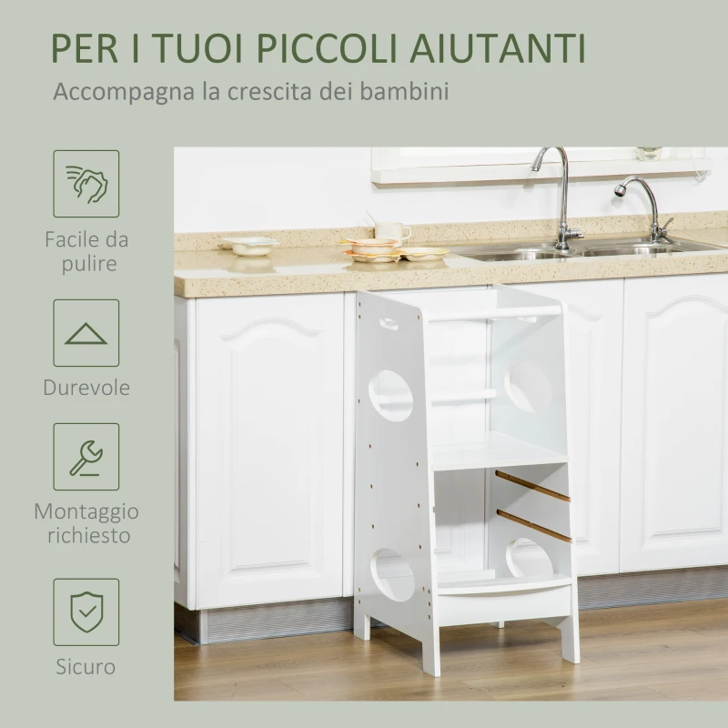 HOMCOM Torre Montessoriana per Bambini, Learning Tower con Altezza Regolabile in MDF, 40x50x90cm, Bianco