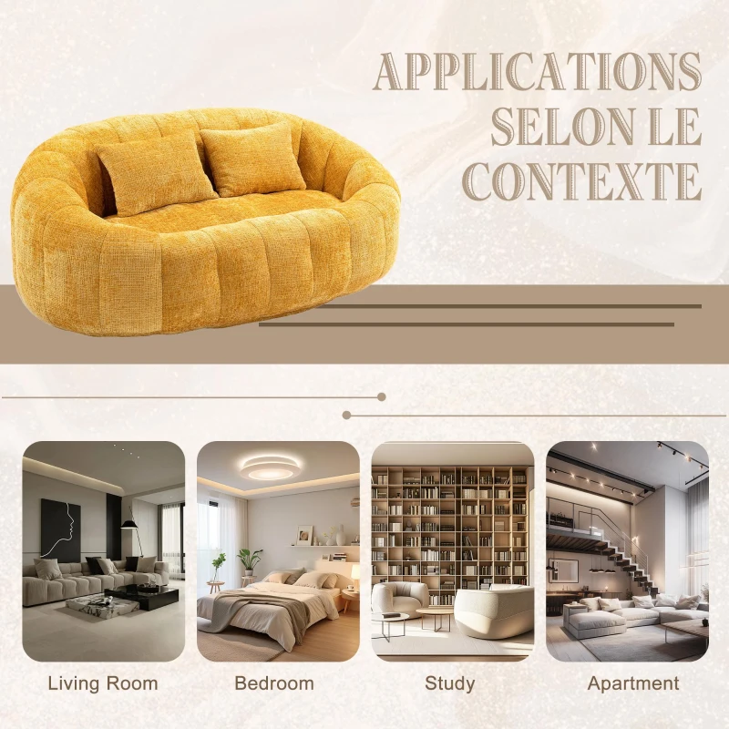 Cozy Oversized Bean Bag Sofa with 2 Matching Pillows, Soft 2-Seat Sectional Couch for Living Room and Bedroom, 145L x 95W x 63H cm, Yellow