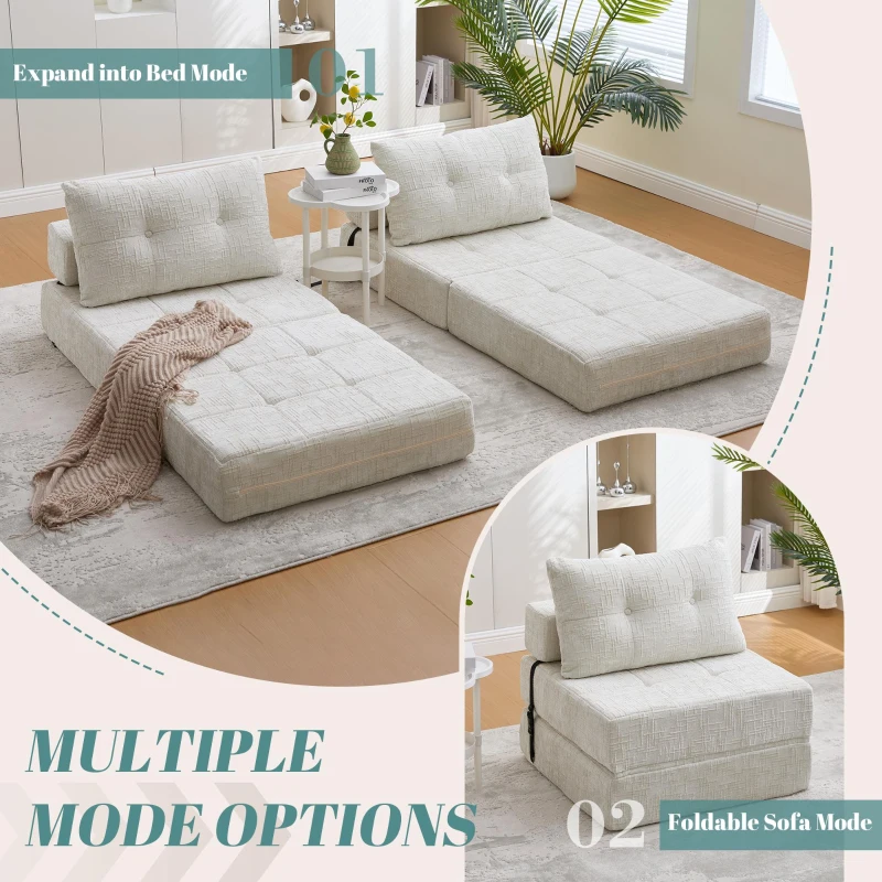 Cozy Convertible Floor Sofa Bed with Button-Tufted Detailing, Soft Chenille Folding Sleeper Couch for Living Room, 180L x 79W x 57H cm, Beige