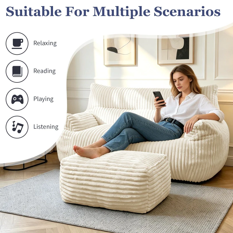 Oversized 2-Seater Corduroy Sofa with Ottoman, Comfortable Couch for Couples and Family, 100L x 135W x 75H cm, White