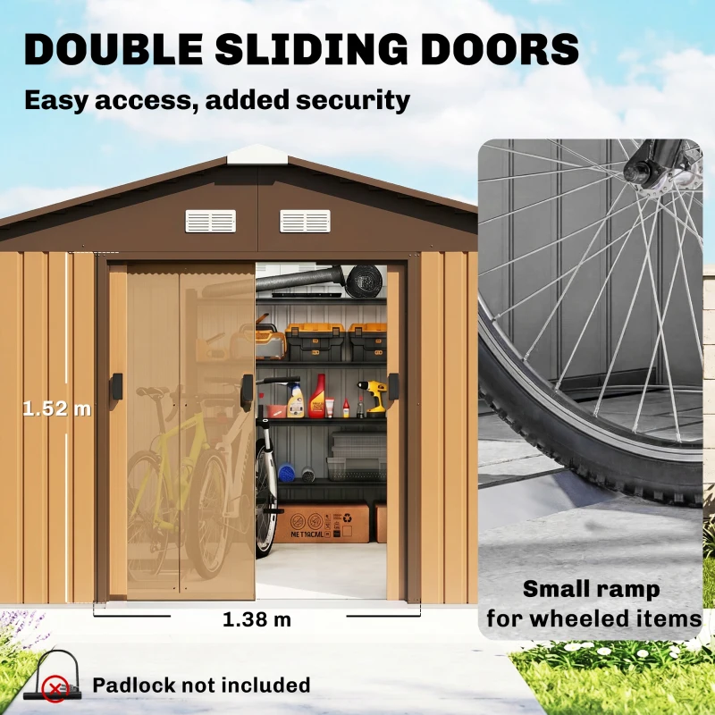 Outsunny 13 x 11ft Metal Garden Shed, Waterproof Outdoor Bike Storage Shed Galvanised with Vents, Foundation Kit, Apex Roof and Lockable Double Doors for Patio Lawn, Light Brown
