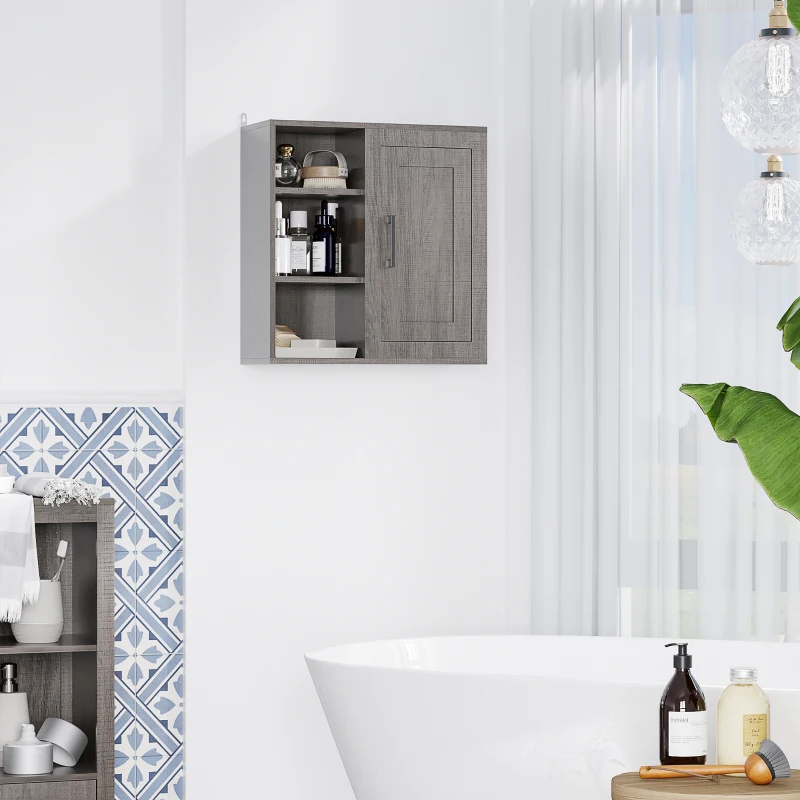 kleankin Pensile Bagno con 3 Ripiani Aperti e Armadietto in Legno Truciolare, 48x20x50cm, Grigio