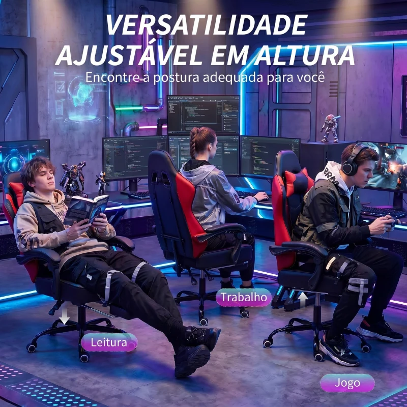 HOMCOM Cadeira Gamer com Massagem Lombar Vibratória Reclinável 155° Altura Ajustável Apoio de Cabeça e Apoio para os Pés Retrátil Vermelho