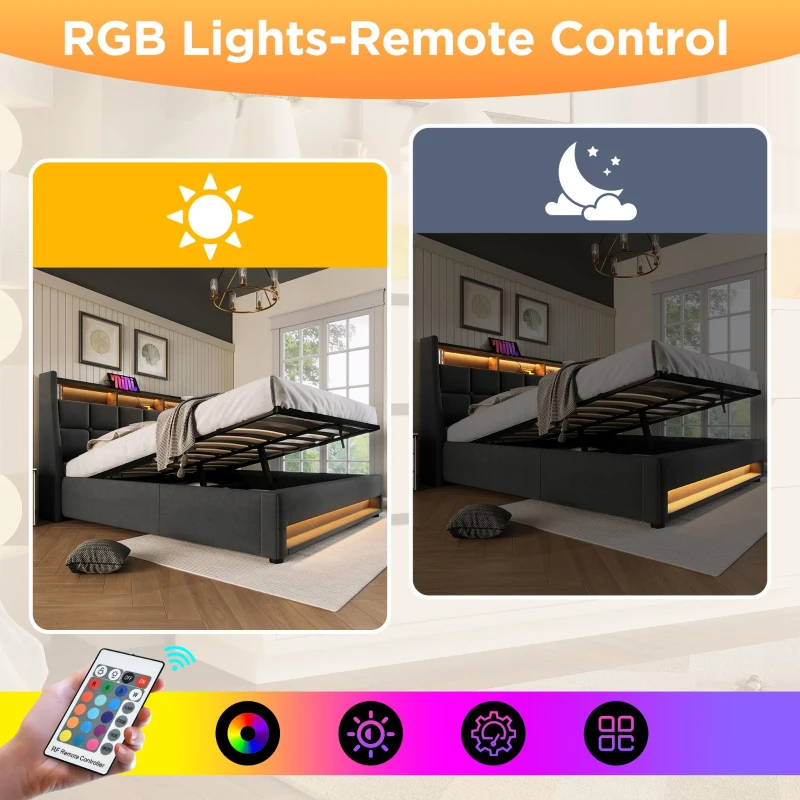 Vintage-Look King Bed with LED Lighting, Stylish Bed Frame with Gas-Lift Under-Bed Storage Space, 210L x 185W x 117H cm, Grey