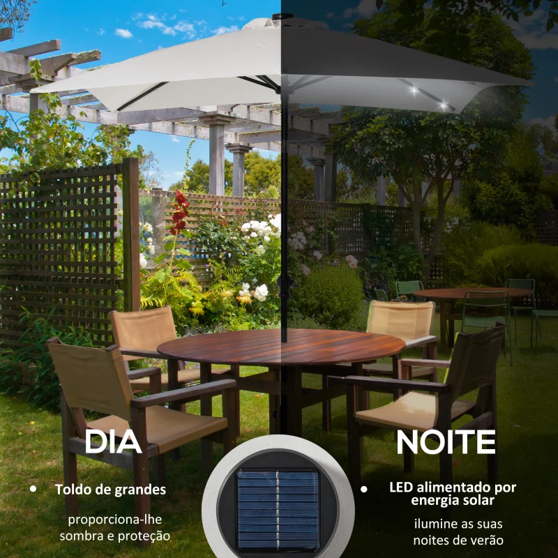 Outsunny Chapéu de Sol com Luzes LED 268x205x248 cm Chapéu de Sol de Jardim Inclinável até 45° e Abertura a Manivela Creme