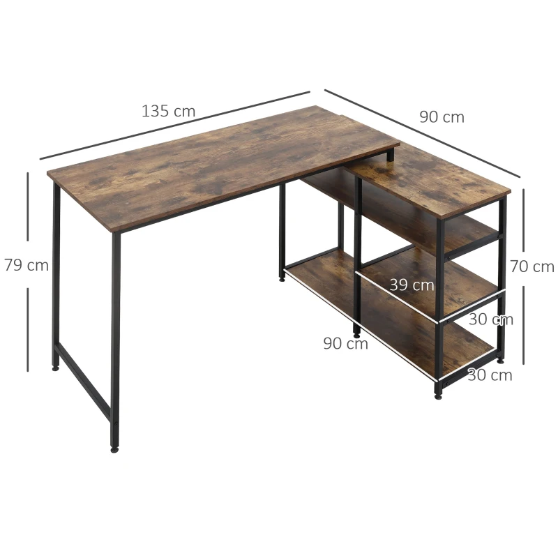 HOMCOM Scrivania Angolare con Scaffale a 3 Ripiani in Stile Industriale, 135x90x79 cm, Marrone e Nero