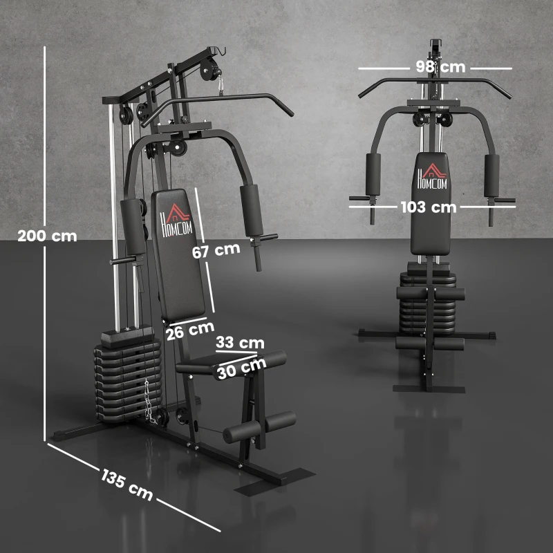 HOMCOM Máquina de Musculação com Pesos Ajustáveis de 45 kg, Press de Peito e Pernas, Polia, 135x103x200 cm, Preto