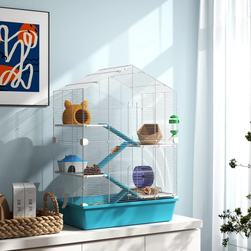 PawHut Gaiola para Hamster de 5 Níveis com Plataformas Comedouro Bebedouro Casa Rampa e Rodas de Exercícios 58x36x81 cm Azul Claro