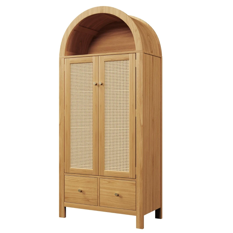 Country-Style Rattan Wardrobe with Semi-Circular Storage Area, Stylish Storage Cabinet for Bedrooms and Entryways, 78L x 45W x 181H cm, Oak