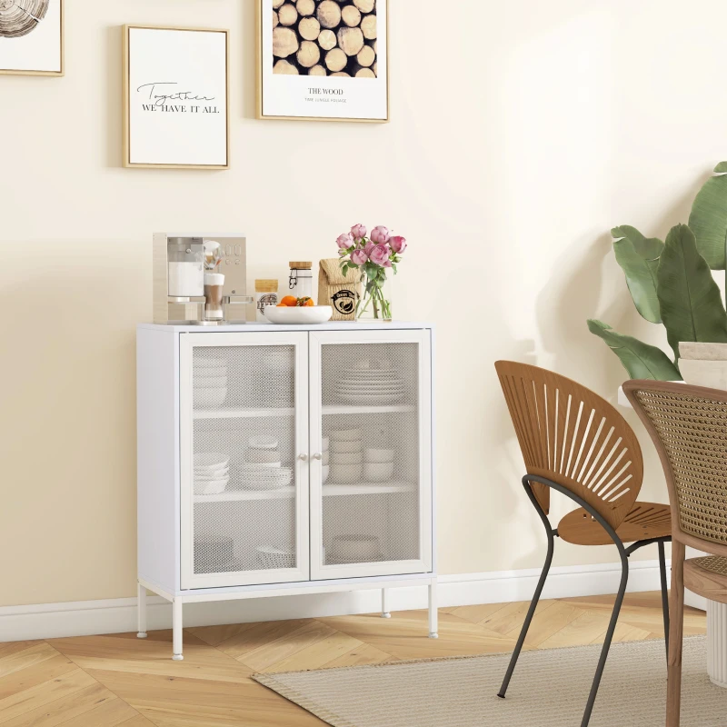 HOMCOM Aparador para Comedor Mueble Auxiliar con Puertas de Rejilla Metálica y Estantes Ajustable 80x37x92 cm Blanco