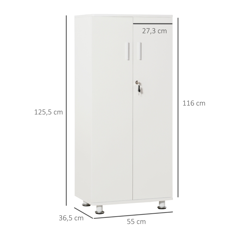 HOMCOM Librería Estantería con 2 Puertas para Libros CDs DVDs con 3 Estantes Interiores y Cerradura Alacena de Cocina para Hogar Oficina Dormitorio 55x36,5x125,5 cm Blanco