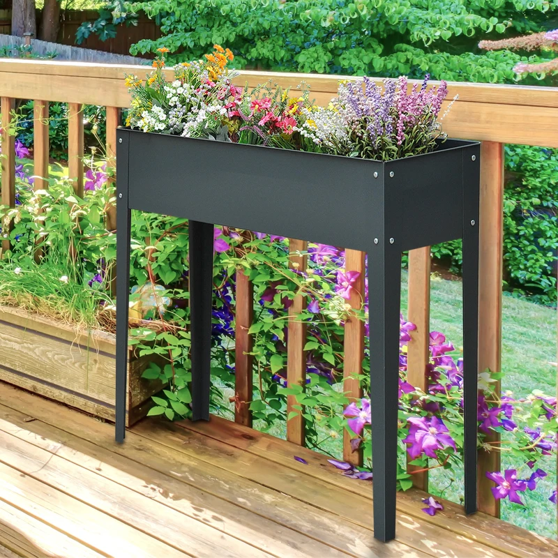 Outsunny Fioriera da Esterno Rialzata in Metallo con 3 Fori di Drenaggio, 100x30x80 cm, Grigio