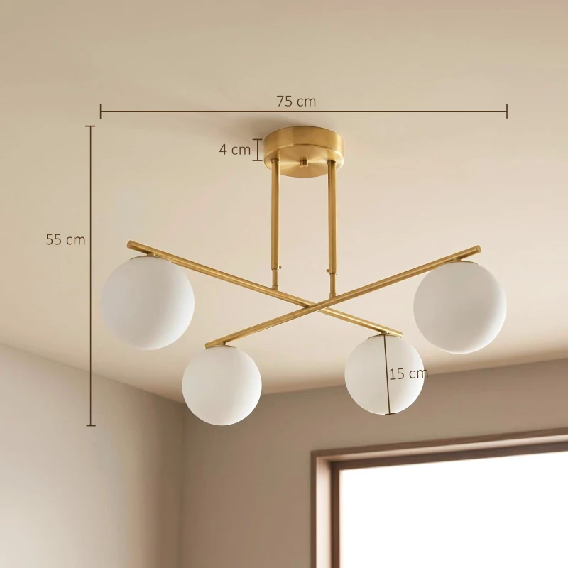 HOMCOM Suspension moderne à 4 abat-jours sphériques, hauteur réglable et rotation 350°, Blanc