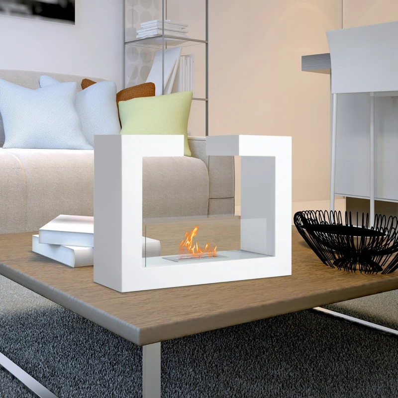 HOMCOM Caminetto a Bioetanolo da Tavolo 2000W in Acciaio Inossidabile Inodore con Vetro 78 x 25 x 58 cm Bianco