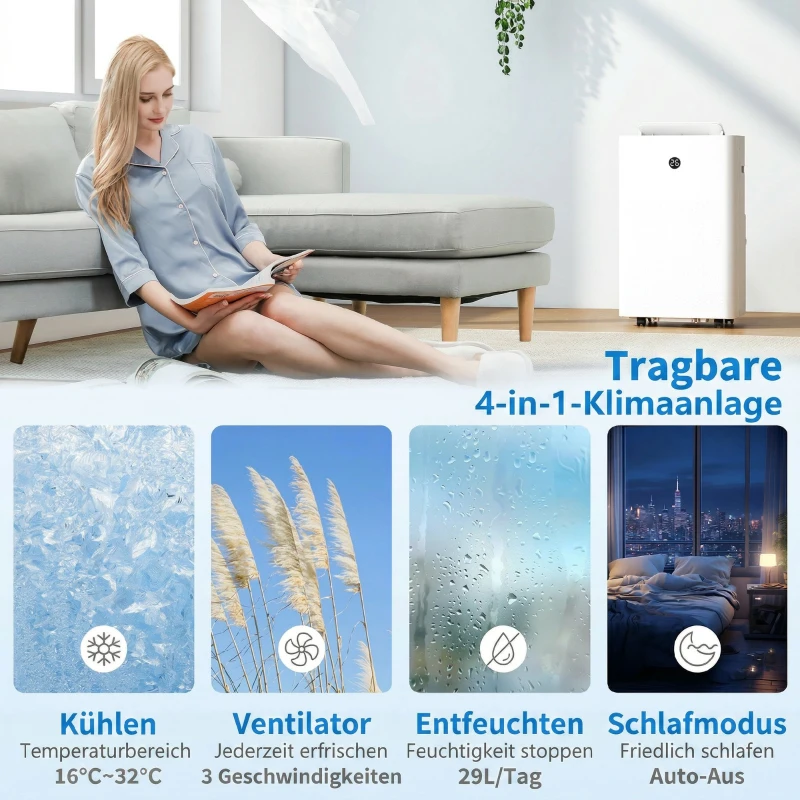 HOMCOM Tragbares Klimagerät mit 12.000 BTU, 4-in-1 Klimaanlage mit WiFi- und Sprachsteuerung, Kühlung, Entfeuchter, Ventilator, Schlafmodus