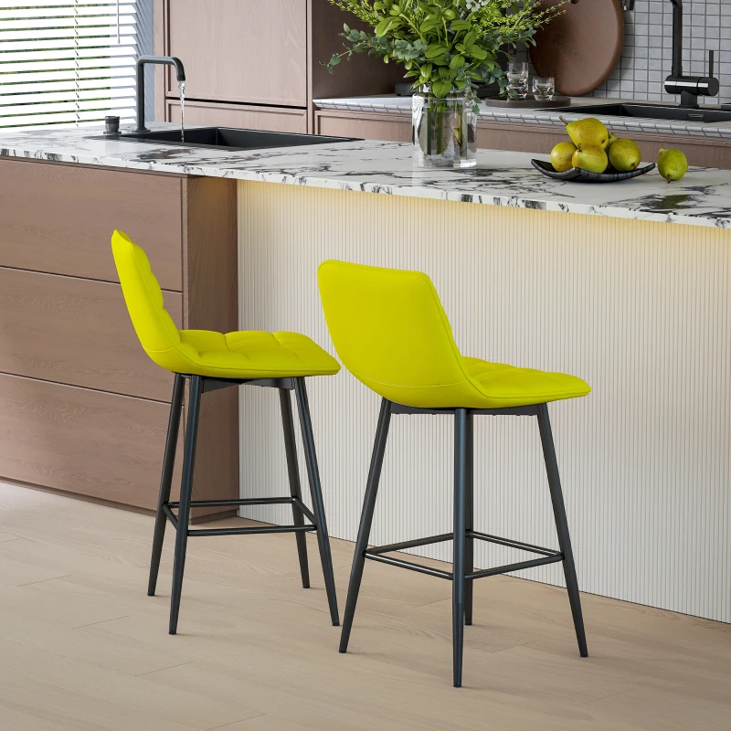 HOMCOM Set 2 Scaune de Bucătărie Stil Nordic din Material cu Efect de Catifea și Metal, 45x47x84 cm, Galben