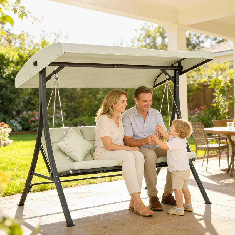 Outsunny Balancín de Jardín Exterior Columpio de 3 Plazas con Toldo Ajustable y Marco de Acero 202x115x168 cm Beige
