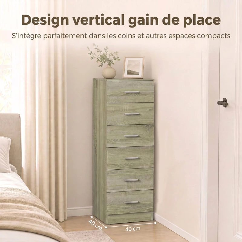 HOMCOM Commode 6 Tiroirs, Meuble de Rangement, Style Moderne, pour Chambre à Coucher, Entrée, Couloir, 40x40x110cm, Chêne