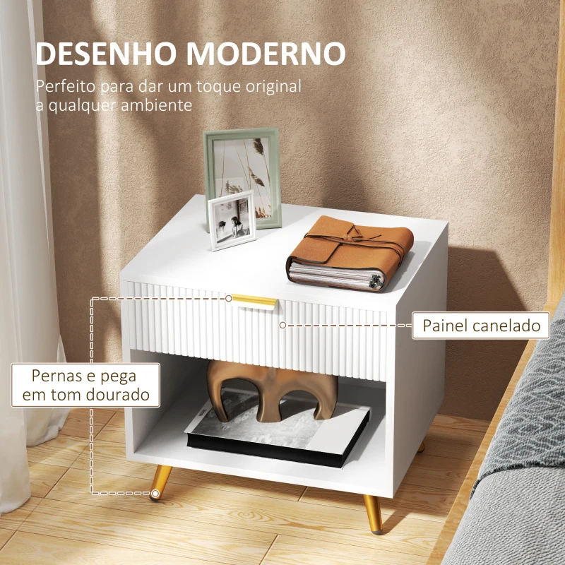HOMCOM Mesa de Cabeceira Moderna com Gaveta Puxador Dourado e Compartimento Aberto 50x40x47 cm Branco