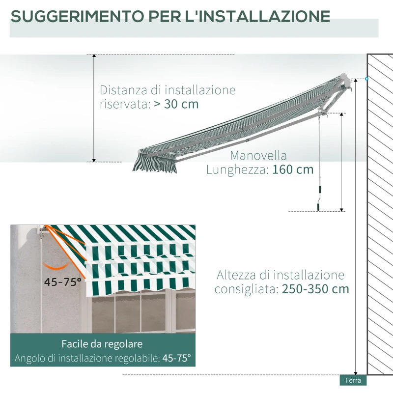 Outsunny Tenda da Sole a Bracci per Esterno con Manovella, Metallo e Poliestere, 295x250cm Verde e Bianco
