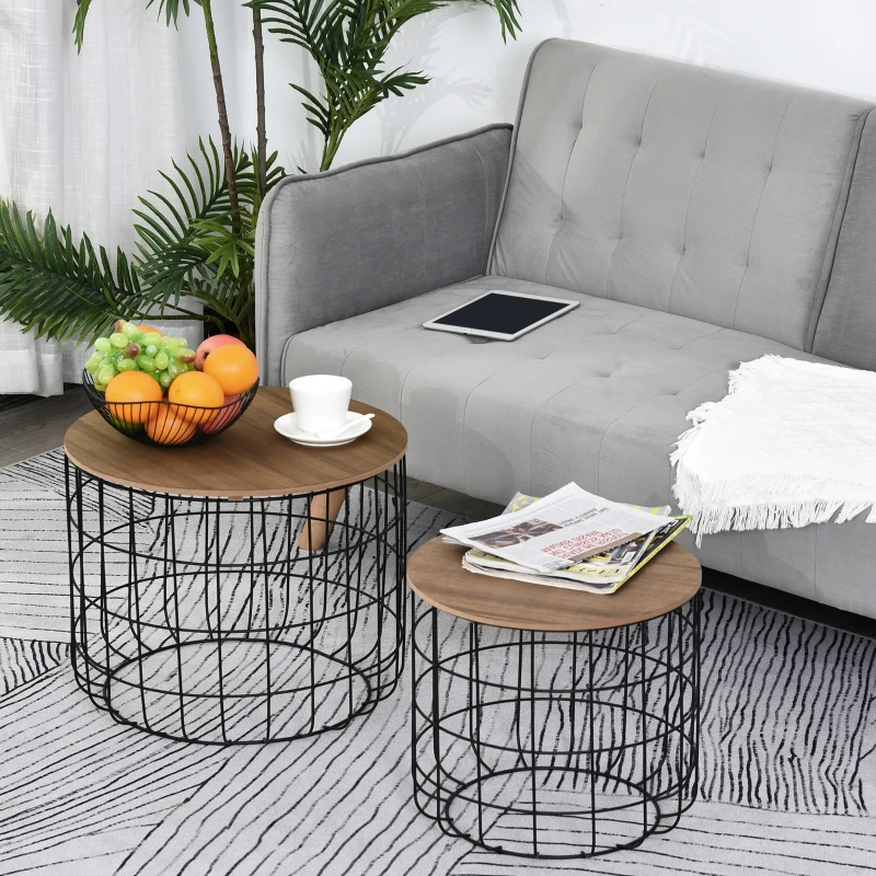 HOMCOM Lot de 2 Tables Basses gigognes Tables d'appoint Rondes encastrables Style Industriel métal Noir Panneaux Particules Imitation Bois