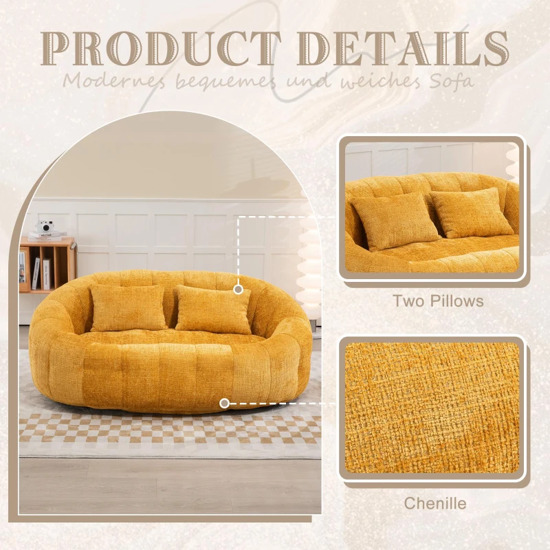Cozy Oversized Bean Bag Sofa with 2 Matching Pillows, Soft 2-Seat Sectional Couch for Living Room and Bedroom, 145L x 95W x 63H cm, Yellow