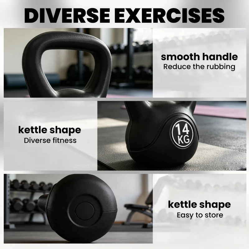 HOMCOM Kettlebell 14 kg, haltère avec poignée ergonomique, haltère à boule, musculation, entraînement, 27 x 21 x 31 cm noir