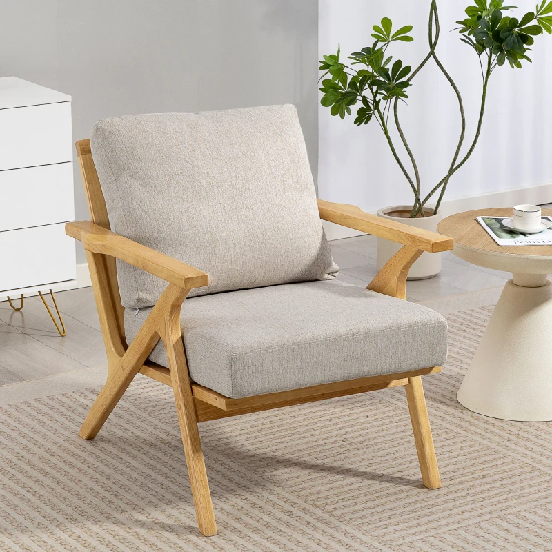 HOMCOM Fauteuil salon, fauteuil scandinave en tissu effet lin, coussins rembourrée et pieds en bois d'hévéa, 76x87x88cm, beige