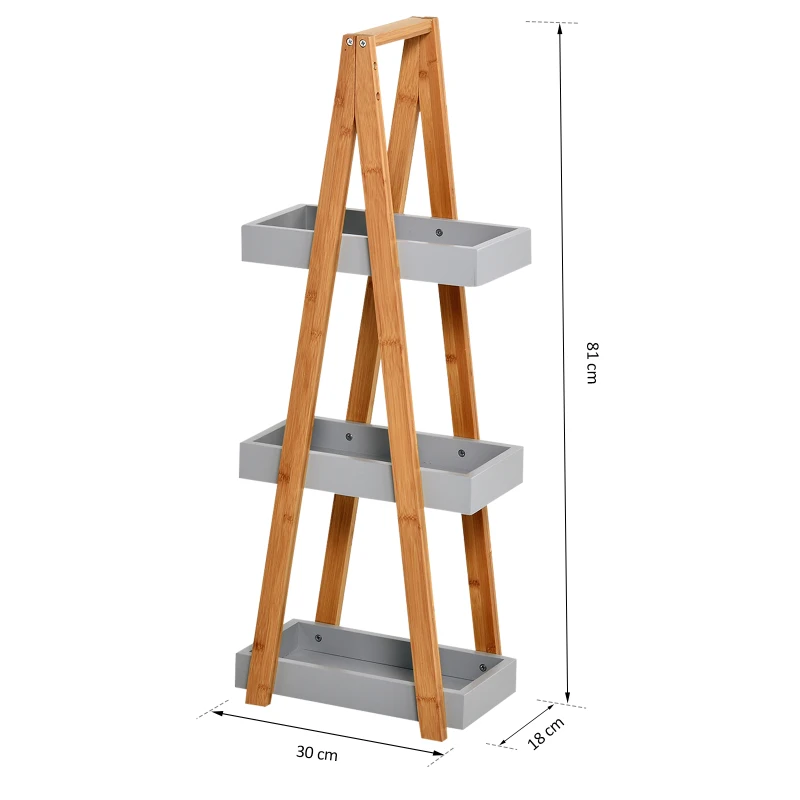 kleankin Estante de Bambú para Casa de Banho com 3 Prateleiras de Armazenamento Móvel Organizador 30x18x81 cm Madeira e Cinza