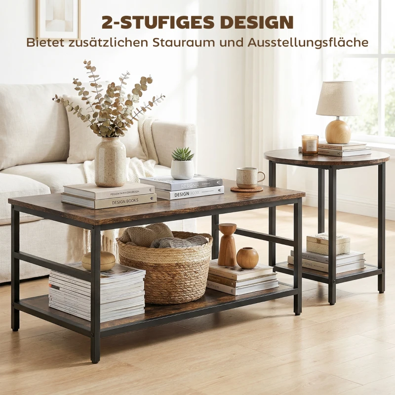 HOMCOM Couchtisch-Set, 2-teilig, rechteckiger und runder Tisch mit 2-stufigem Stauraum, für Wohnzimmer, Rustikal-Braun