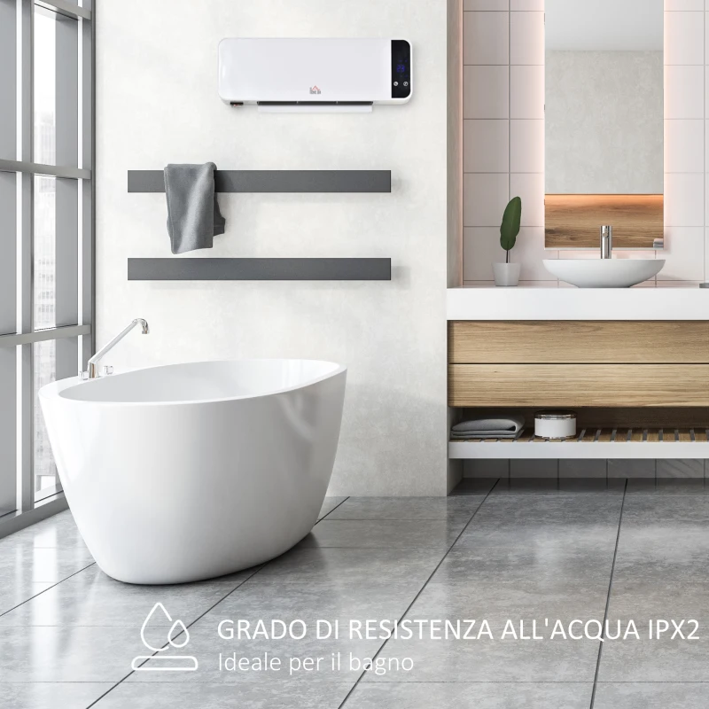 HOMCOM Stufa Elettrica da Parete con Telecomando, Temperatura Regolabile e Timer 12 Ore, Potenza 1000W/2000W, 56x11.5x18.5cm, Bianco
