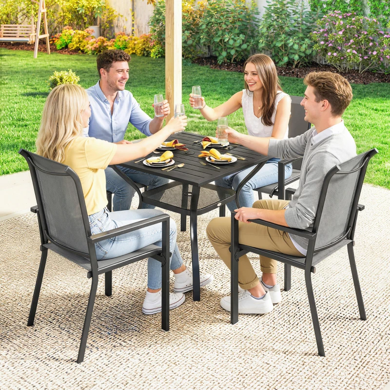 Outsunny 5 Pieces Outdoor Dining Set for 4, Garden Table and Stackable Chairs with Breathable Mesh Seat and Parasol Hole, Grey
