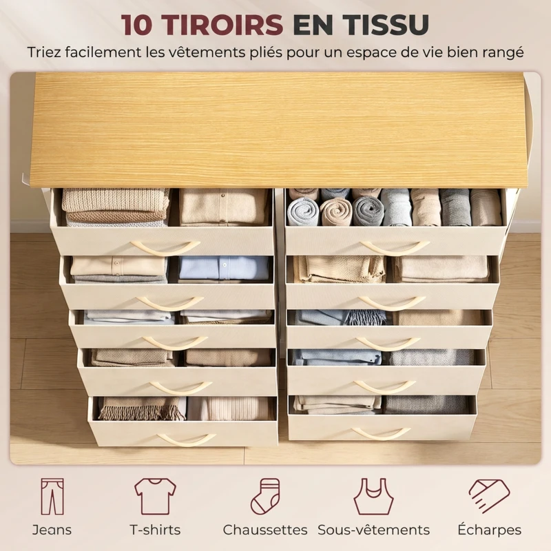 HOMCOM Commode 10 Tiroirs en Tissu, Meuble de Rangement avec 4 Poches, 2 Crochets, Structure en Acier, 80 x 30 x 94,5 cm, Beige