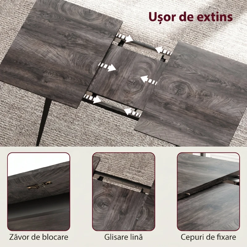HOMCOM Masă Extensibilă pentru Sufragerie, 6-8 Persoane, 120-160x75 cm, Blat Efect Lemn, Picioare din Oțel