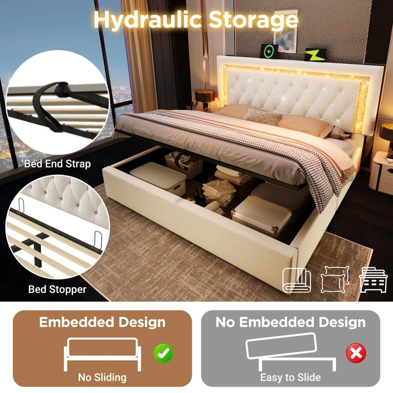 Smart Double Bed with Height-Adjustable Headboard, Stylish Bed Frame for Contemporary Bedrooms, 204L x 145W x 108H cm, Beige