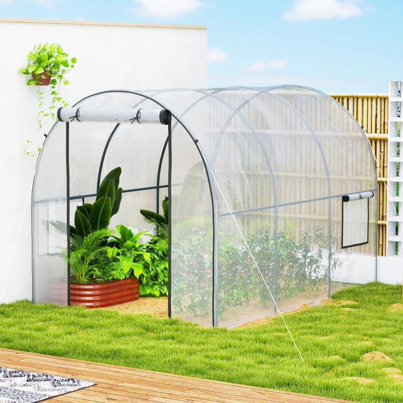 Outsunny Polytunnel Greenhouse Walk-in Grow House with Plasric Cover, Door, Mesh Window and Steel Frame, 3 x 2 x 2m, Clear